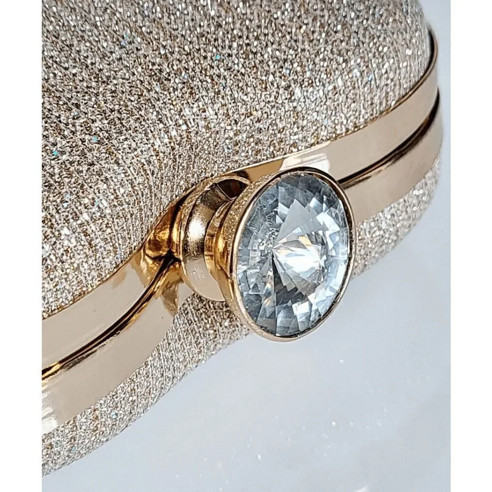❤️✨ Gold Sparkling Glitter Heart Shaped Top Handle Chain Clutch Purse Bag NEW